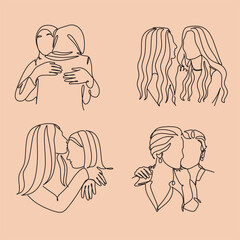 Two girls are hugging line art. Abstract portrait of a pretty young woman. Friends, sisters, or couples. Continuous one-line drawing isolated on white. Vector illustration in a simple modern style.
