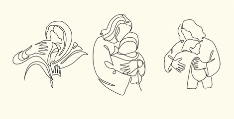 Fototapeta premium Continuous line drawing of Jesus Christ , linear style and Hand drawn Bible Christian scene of son of God with people and kids. Easter illustration