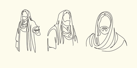 Continuous line drawing of Jesus Christ , linear style and Hand drawn Bible Christian scene of son of God with people and kids. Easter illustration
