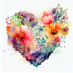 Watercolor heart shaped flowers and wildflowers for Valentine's Day. Heart features a radiant display of colorful and beautiful flowers, great template for wedding invitations or greeting cards