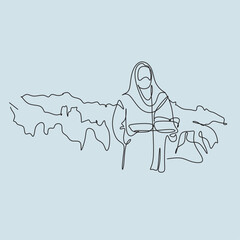 Continuous line drawing of Jesus Christ , linear style and Hand drawn Bible Christian scene of son of God with people and kids. Easter illustration