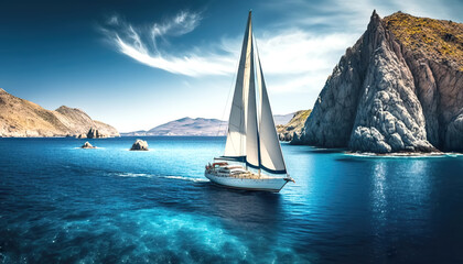Fototapeta na wymiar Sailing Yacht in paradise turquoise waters. Tropical sea landscape with boat. Generative AI