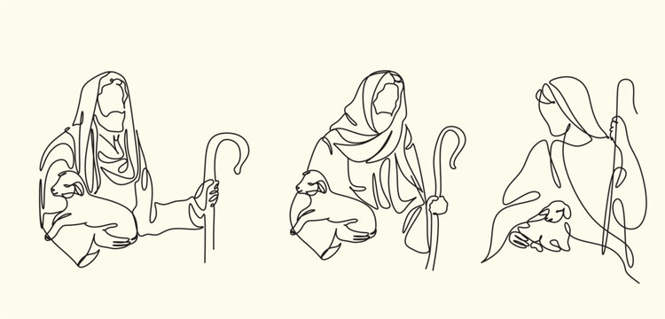 Continuous line drawing of Jesus Christ , linear style and Hand drawn Bible Christian scene of son of God with people and kids. Easter illustration