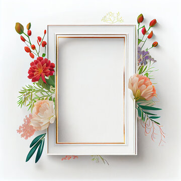 Wedding rectangular frame inside white with flowers around a white background