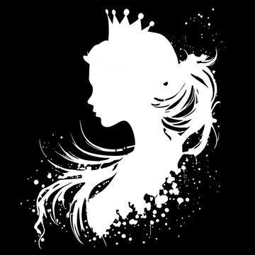 Silhouette Of Queen Face Or Head Side View, Young Woman Bride Or Lady Wear Tiara Or Crown Black Vintage Portrait. Elegant Female Character With Hairdo, Royal Person Black Shadow, Decal, Icon, Clipart