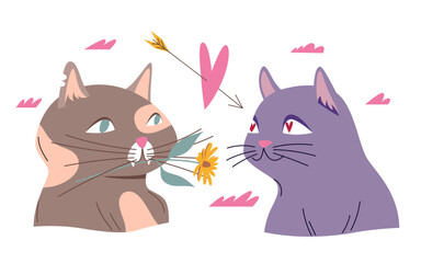 Cute couple of cats on romantic date vector illustration. Cartoon funny kitty holding flower in teeth, giving love gift to adorable kitten character with hearts in eyes, Valentines Day greeting card