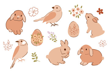 Easter baby rabbit, birds, eggs set. Cute vector bunny isolated element, spring floral collection hand drawn in vector. Beige naive animals, flowers, leaves illustration. Decorative hare, sparrow.