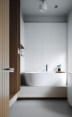 clean white bathtub in a minimalist bathroom decorated with wooden accents gives off a relaxed and serene atmosphere.