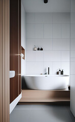 clean white bathtub in a minimalist bathroom decorated with wooden accents gives off a relaxed and serene atmosphere.