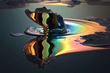 Fototapeta na wymiar oil slick on the surface of river, reflecting rainbow colors in the sunlight It's beautiful yet sad, highlighting the impact of our reliance on fossil fuels AI generation.
