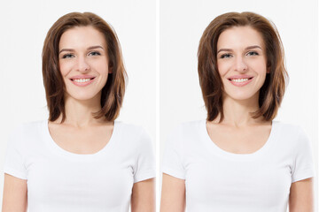 Before after hair lift styling treatmant. Before-after woman Volume hair. Beauty salon care. Short...