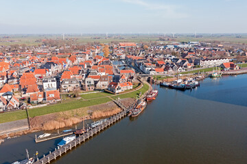 Aerial from the historical town Makkum in Friesland the Netherlands