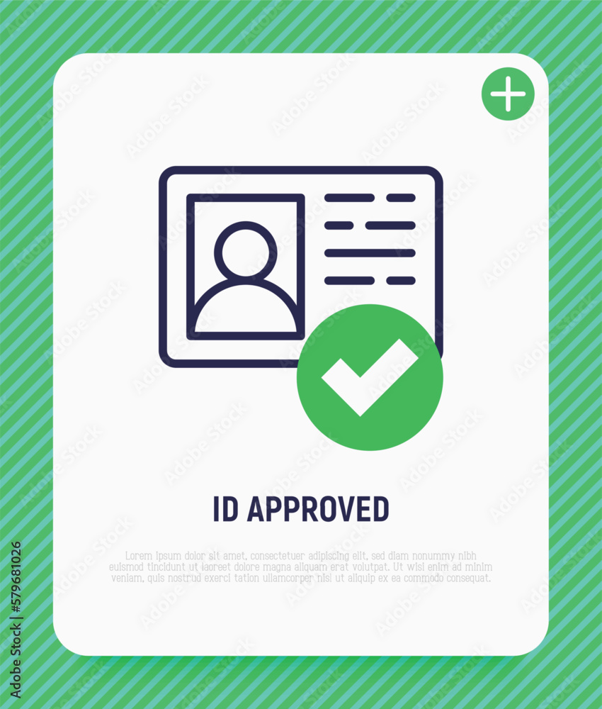 Poster id approved thin line icon. id card with check mark. authentication, membership. modern vector illus