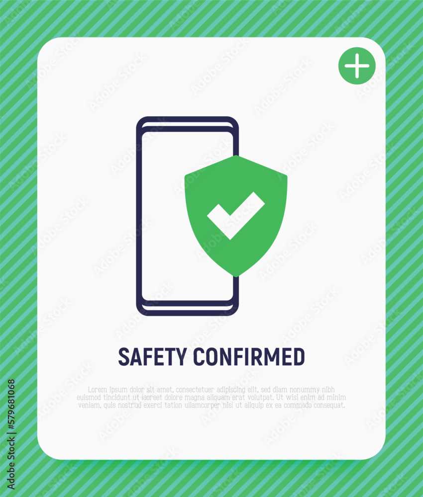 Poster safety confirmed: smartphone is protected by shield with check mark. thin line icon. modern vector i