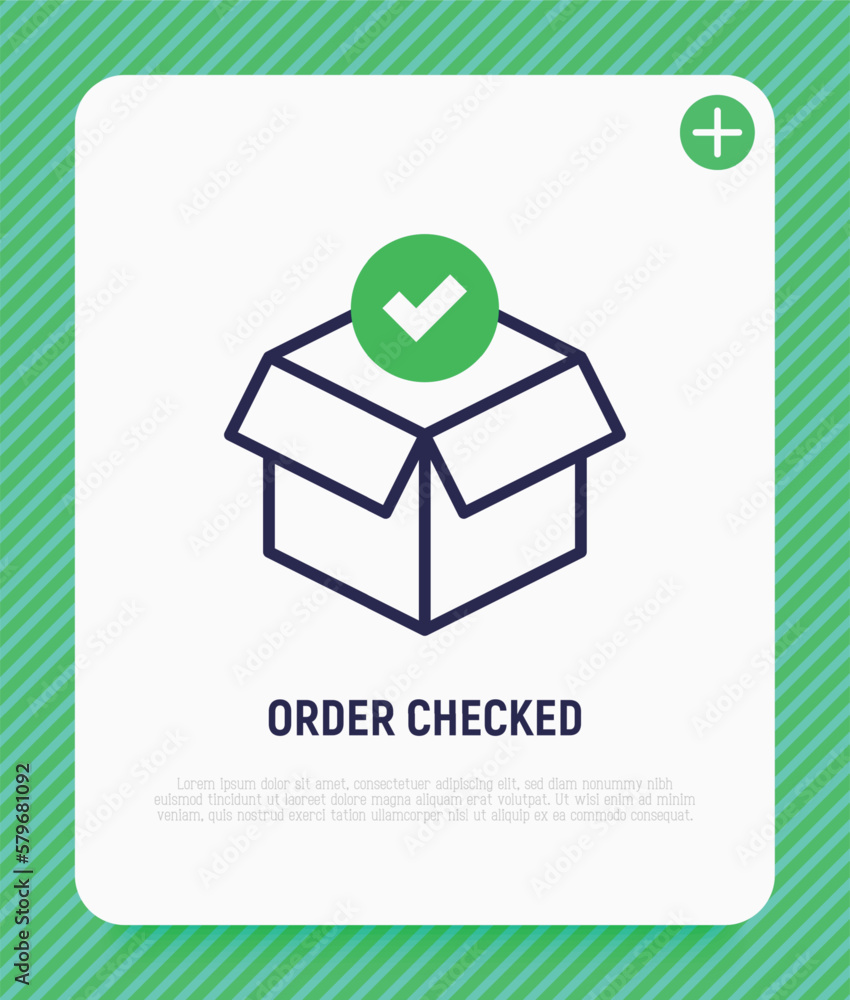 Poster order checked: open package with check mark. thin line icon. modern vector illustration for delivery