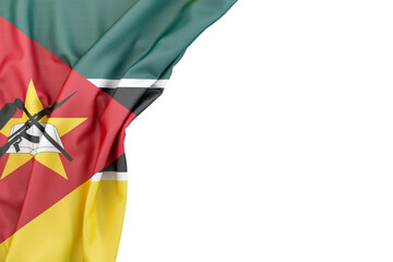Flag of Mozambique in the corner on white background. 3D rendering. Isolated