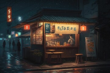 Rainy Japanese street with ramen shop at night. Generative AI.