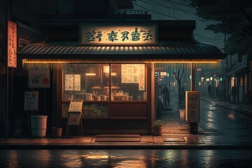  Japanese aesthetic ramen shop on rainy nights. 
 Generative AI.
