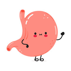 Cute funny stomach waving hand character. Vector hand drawn cartoon kawaii character illustration icon. Isolated on white background. Stomach character concept