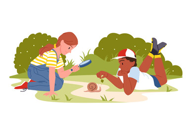 Kids explore nature with magnifying glass in summer garden or park vector illustration. Cartoon curious boy with green leaf, girl holding magnifier to watch snail, observe world in outdoor adventure