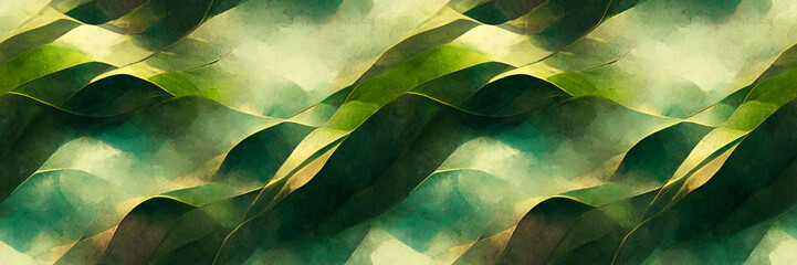 Beautiful abstract panoramic background. Vintage pattern of diagonal wavy curves in shades of green, inspired by nature. Wide texture background with seamless pattern. Great for design. Generative AI.