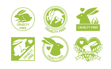 Cruelty free icons, logo design template vector illustration. Green badges of circle and heart shape with rabbit and leaf, labels collection for natural products without experiments over animals