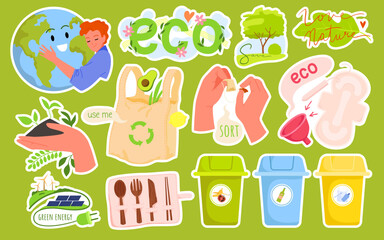 Cartoon hands hold soil with green sprouts and sort garbage for reuse, woman hugging globe, recycle bag and hygiene products, cutlery on pink background. Eco stickers, messages set vector