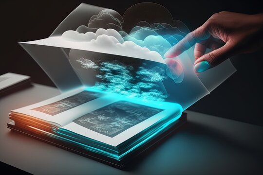A hand copying files and folders from one computer to another through a hologram of a cloud - Generative AI
