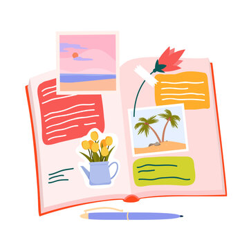 Open paper diary vector illustration. Cartoon cute notebook for handwritten notes, top view of book or journal with beautiful flower and leaf, travel photo on pink pages, pen on desk to write memory