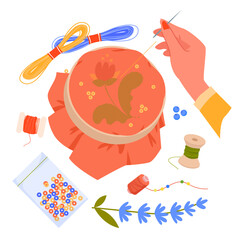 Handmade embroidery vector illustration. Cartoon hand embroidering flower drawing with needle and thread, needlework hobby collection with fabric on hoop and yarn, spool, handiwork accessories © Natalia