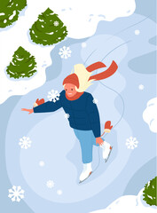 Girl skating on ice rink, top view of figure dance outside vector illustration. Cartoon snowy winter wonderland scene with cute young woman wearing gloves, scarf and skater boots and dancing alone