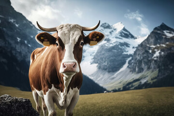 Fototapeta na wymiar Cow with horns with snowy mountains in the background, Generative AI