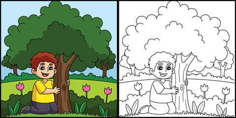 Boy Hugging a Tree Coloring Page Illustration