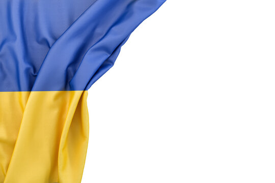 Flag of Ukraine in the corner on white background. 3D rendering. Isolated