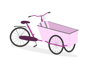 Fototapeta na wymiar Parent cargo bike with three wheels, box bicycle. Pink cartoon realistic bakfiets on white background.