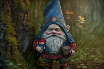 Gnome and fantasy creature in a dark forest, created with Generative AI	 - 579683092