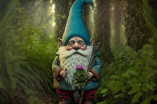 Gnome and fantasy creature in a dark forest, created with Generative AI	