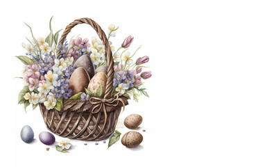 Easter basket with eggs and flowers on a white background. Banner. Easter. copy space. generative ai