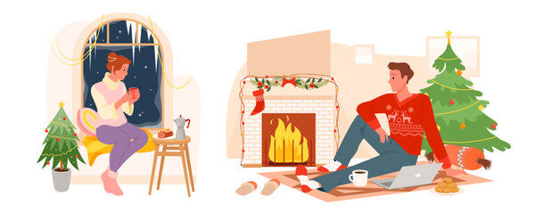 Cartoon cute woman with cup of hot coffee and cake sitting by window, hygge relax of man in warm wool sweater and socks. Christmas time at home, work and leisure of people set