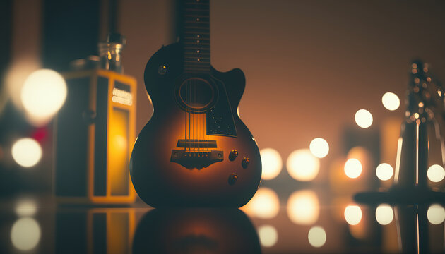 Abstract music rehearsal base with guitar and other equipment. Indoor background. AI generative image.