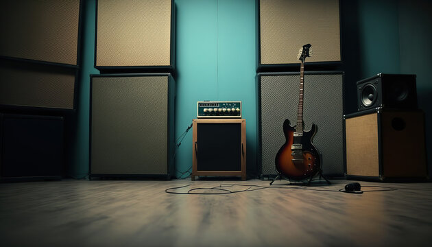 Abstract music rehearsal base with guitar and other equipment. Indoor background. AI generative image.