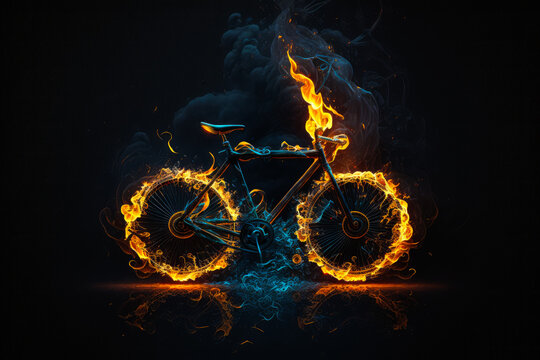 An image of bicycle with flames on it. Generative AI.