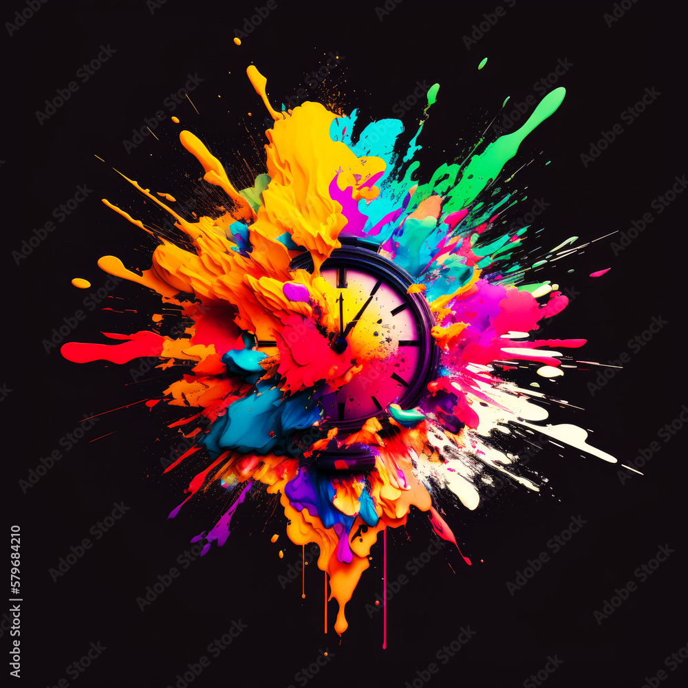 Sticker Colorful paint splattered clock on black background. Generative AI.