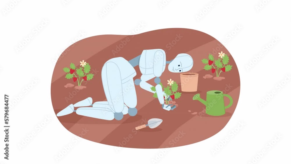 Poster animated horticultural ai. autonomous control system in greenhouse. 2d cartoon flat character 4k vid