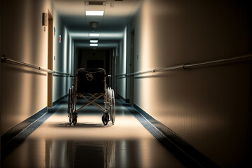 Dark hallway with wheelchair in it. Generative AI.