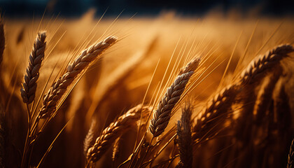 Close up rural scene with golden ripe ears of rye or wheat. Outdoor agricultural background with copy space. AI generative image.