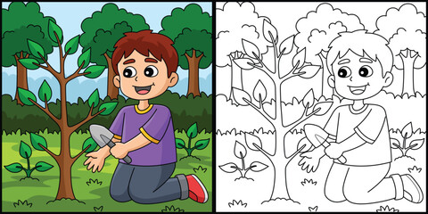 Boy Planting Trees Coloring Page Illustration