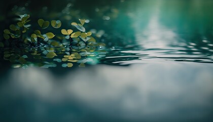 Beautiful spring pound scene, close up fresh water with copy space, splash screen for pc. Outdoor nature background. AI generative image.