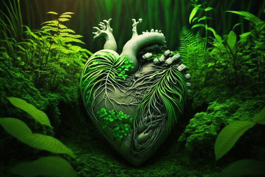 An image of green heart surrounded by plants. Generative AI.