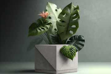  Product photography of an empty concrete podium Surrounded by tropical plants